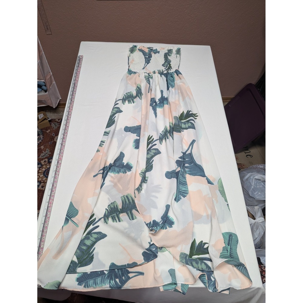 Jjwm Woman Tropical Palm Leaf Smocked Strapless Maxi Dress White Green Peach M